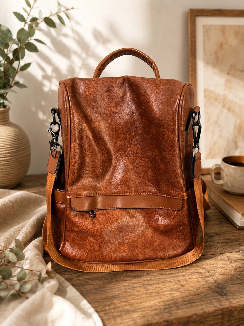 Brown Vegan Leather Convertible Backpack Purse Anti-Theft Travel Bag
